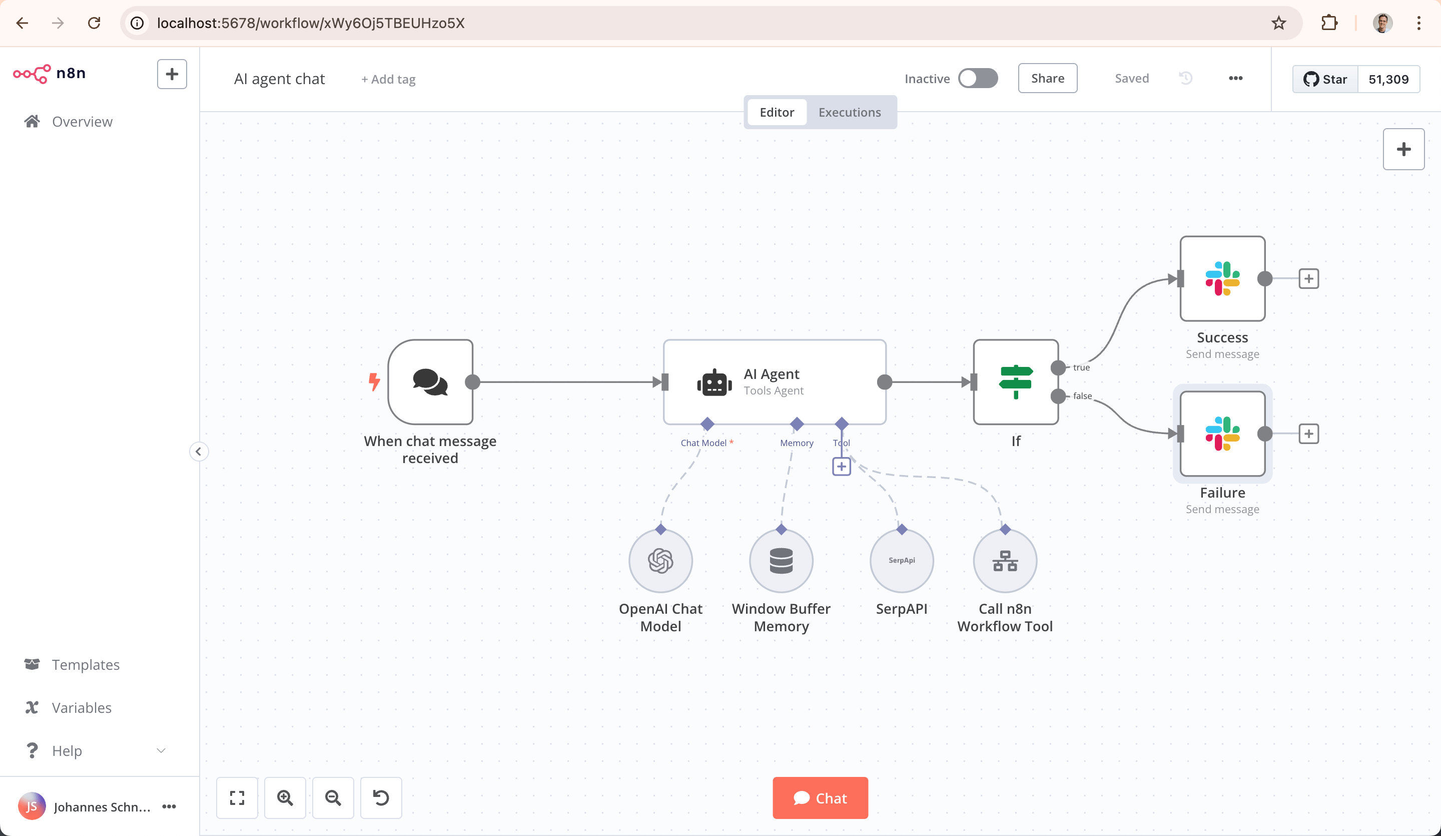 n8n workflow editor showing a visual automation workflow with connected nodes